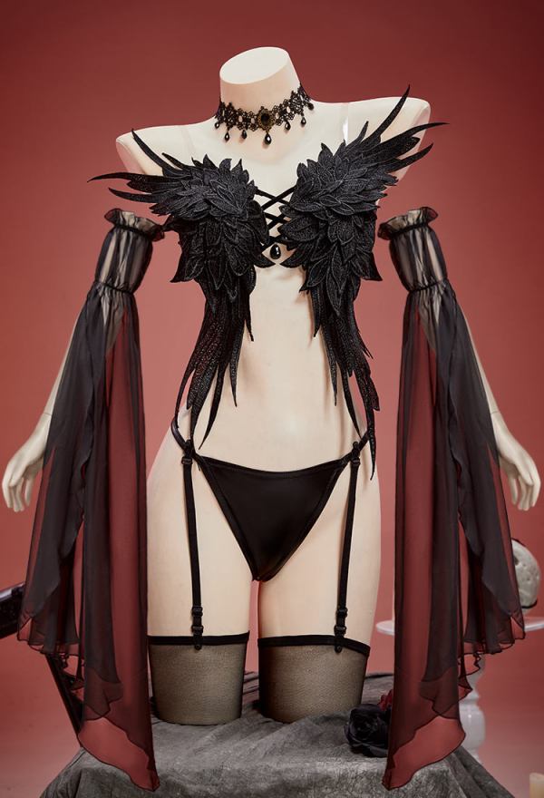 Fallen Angel Black Sexy Suit Wings-shaped Top and Panties with Sleeves and Stockings Fallen Angel Black Sexy Suit Wings-shaped Top and Panties with Sleeves and Stockings