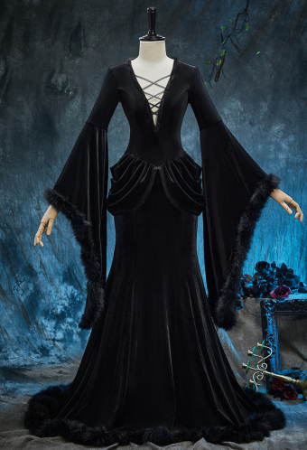 Morticia's Shadow Halloween Gothic Black Winter Velvet Gown Dress Vampire Style Fishtail Dress