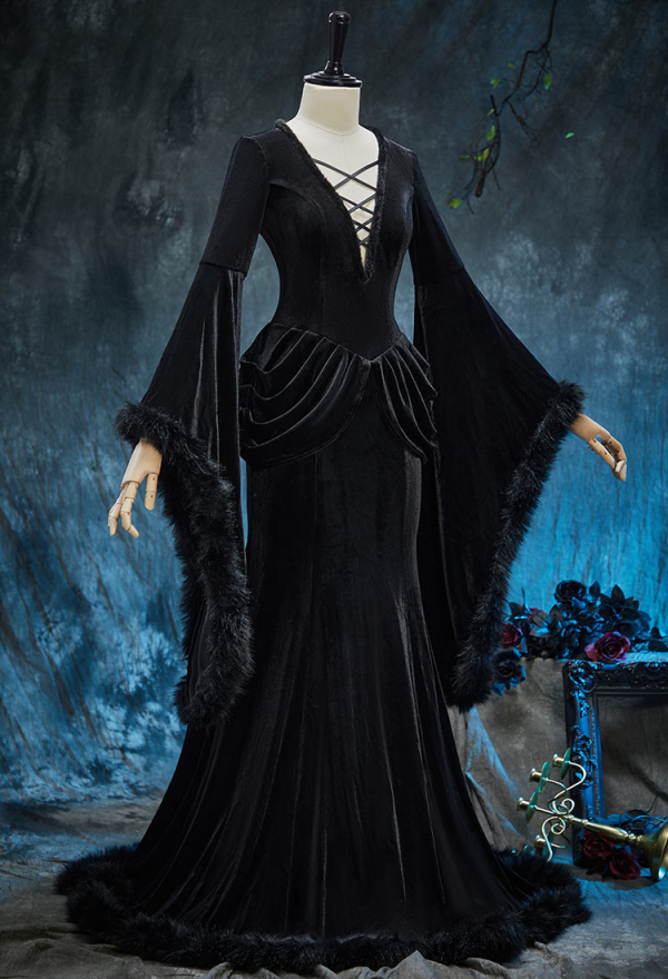 Morticia's Shadow Halloween Gothic Black Winter Velvet Gown Dress Vampire Style Fishtail Dress Morticia's Shadow Halloween Gothic Black Winter Velvet Gown Dress Vampire Style Fishtail Dress