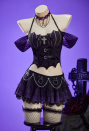 Haunted Night Gothic Black Purple Corset Skirt Set Lace-up Detachable Corset and Layered Mini Skirt with Necklace and Gloves