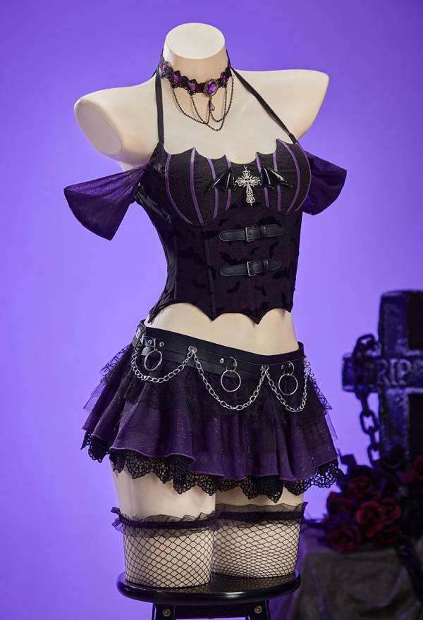 Haunted Night Gothic Black Purple Corset Skirt Set Lace-up Detachable Corset and Layered Mini Skirt with Necklace and Gloves Haunted Night Gothic Black Purple Corset Skirt Set Lace-up Detachable Corset and Layered Mini Skirt with Necklace and Gloves