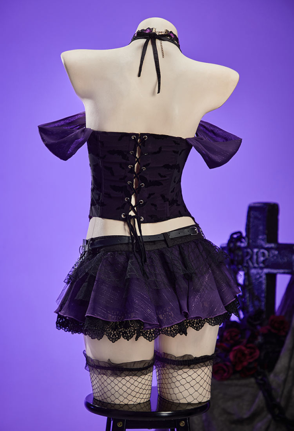 Haunted Night Gothic Black Purple Corset Skirt Set Lace-up Detachable Corset and Layered Mini Skirt with Necklace and Gloves Haunted Night Gothic Black Purple Corset Skirt Set Lace-up Detachable Corset and Layered Mini Skirt with Necklace and Gloves