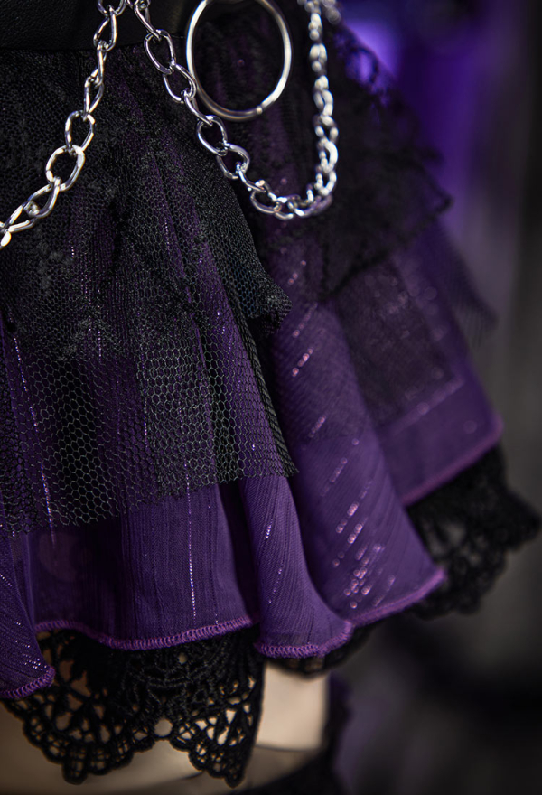 Haunted Night Gothic Black Purple Corset Skirt Set Lace-up Detachable Corset and Layered Mini Skirt with Necklace and Gloves Haunted Night Gothic Black Purple Corset Skirt Set Lace-up Detachable Corset and Layered Mini Skirt with Necklace and Gloves