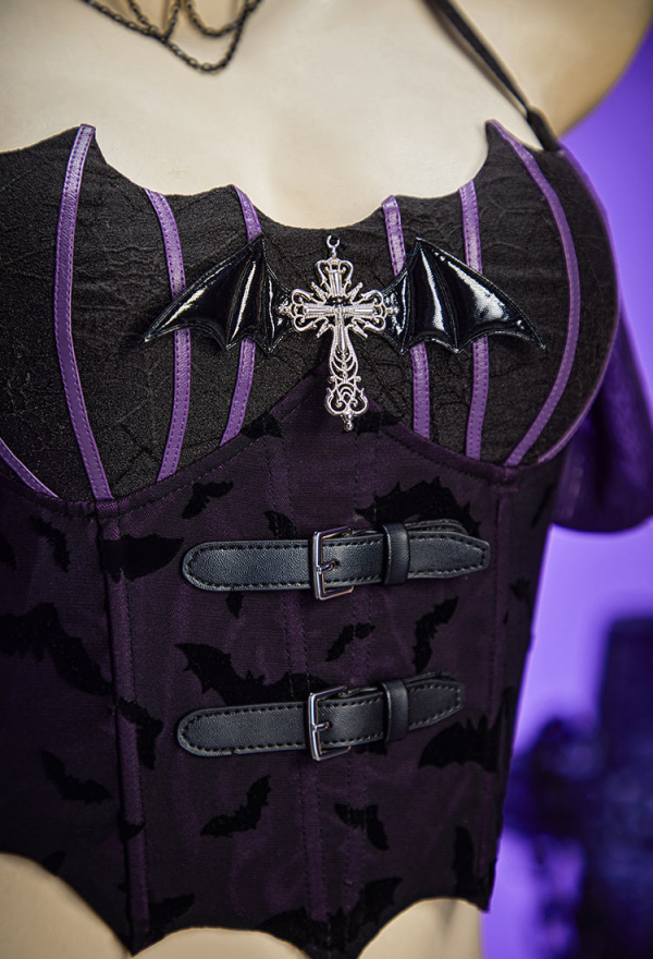 Haunted Night Gothic Black Purple Corset Skirt Set Lace-up Detachable Corset and Layered Mini Skirt with Necklace and Gloves Haunted Night Gothic Black Purple Corset Skirt Set Lace-up Detachable Corset and Layered Mini Skirt with Necklace and Gloves