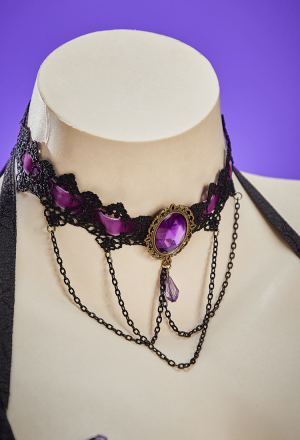 Haunted Night Gothic Black Purple Corset Skirt Set Lace-up Detachable Corset and Layered Mini Skirt with Necklace and Gloves Haunted Night Gothic Black Purple Corset Skirt Set Lace-up Detachable Corset and Layered Mini Skirt with Necklace and Gloves