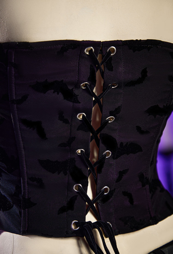 Haunted Night Gothic Black Purple Corset Skirt Set Lace-up Detachable Corset and Layered Mini Skirt with Necklace and Gloves Haunted Night Gothic Black Purple Corset Skirt Set Lace-up Detachable Corset and Layered Mini Skirt with Necklace and Gloves
