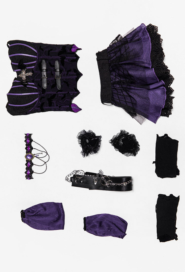 Haunted Night Gothic Black Purple Corset Skirt Set Lace-up Detachable Corset and Layered Mini Skirt with Necklace and Gloves Haunted Night Gothic Black Purple Corset Skirt Set Lace-up Detachable Corset and Layered Mini Skirt with Necklace and Gloves