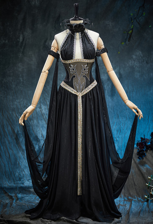 Spectral Petal Gothic Black Off-Shoulder Cutout Dress Vampire Bride Dress with Shawls and Chain