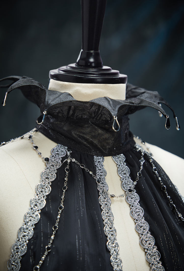 Spectral Petal Gothic Black Off-Shoulder Cutout Dress Vampire Bride Dress with Shawls and Chain