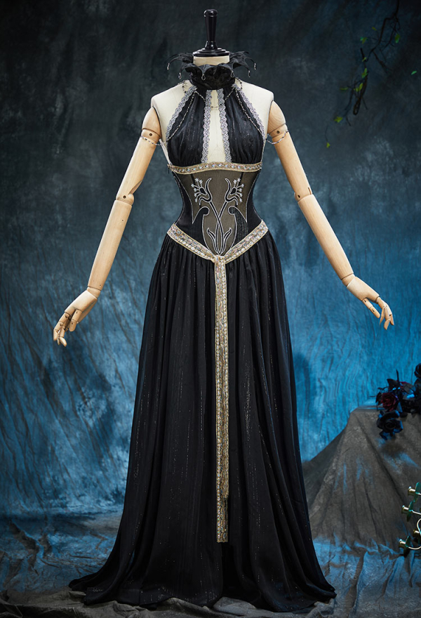 Spectral Petal Gothic Black Off-Shoulder Cutout Dress Vampire Bride Dress with Shawls and Chain
