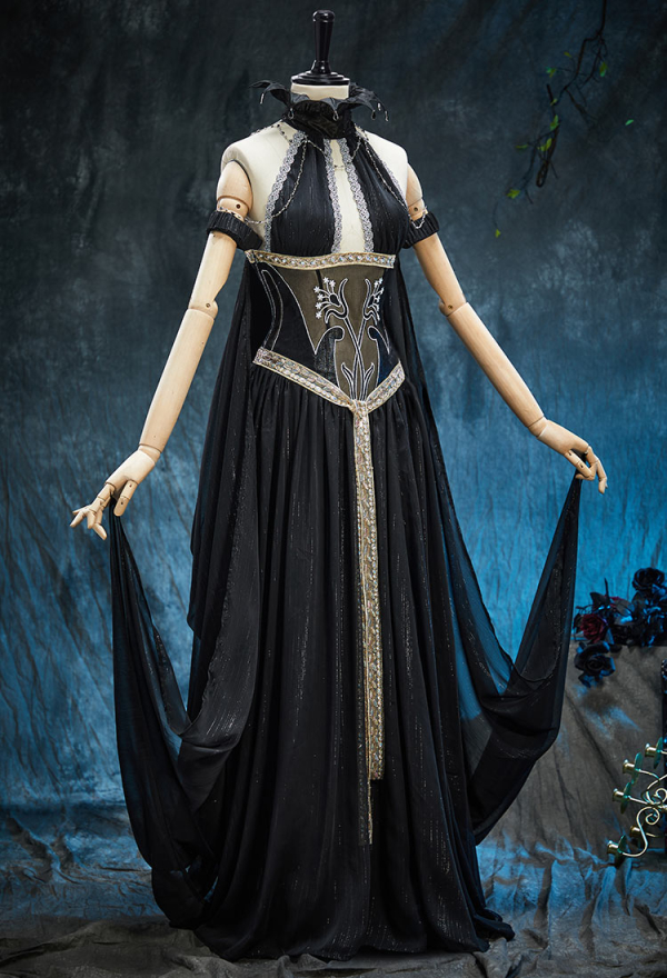 Spectral Petal Gothic Black Off-Shoulder Cutout Dress Vampire Bride Dress with Shawls and Chain
