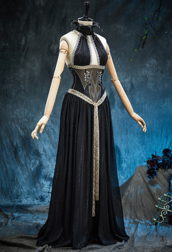Spectral Petal Gothic Black Off-Shoulder Cutout Dress Vampire Bride Dress with Shawls and Chain