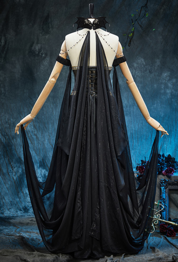 Spectral Petal Gothic Black Off-Shoulder Cutout Dress Vampire Bride Dress with Shawls and Chain