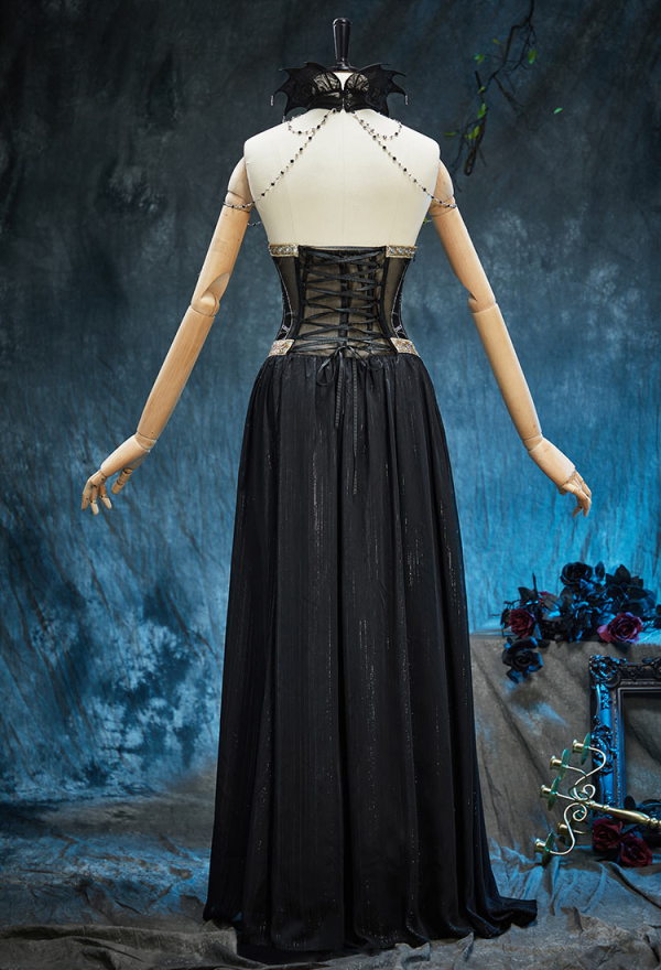 Spectral Petal Gothic Black Off-Shoulder Cutout Dress Vampire Bride Dress with Shawls and Chain