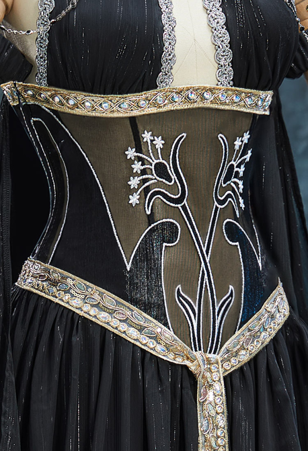 Spectral Petal Gothic Black Off-Shoulder Cutout Dress Vampire Bride Dress with Shawls and Chain