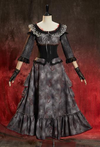 Faded Crimson Gothic Vintage Set U-Neck Top and Ruffled Skirt with Corset and Gloves
