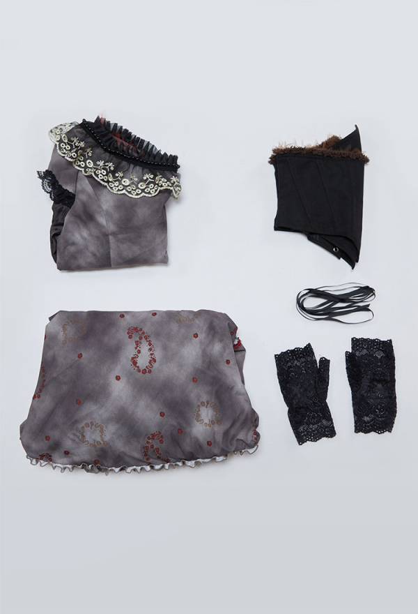 Faded Crimson Gothic Vintage Set U-Neck Top and Ruffled Skirt with Corset and Gloves Faded Crimson Gothic Vintage Set U-Neck Top and Ruffled Skirt with Corset and Gloves