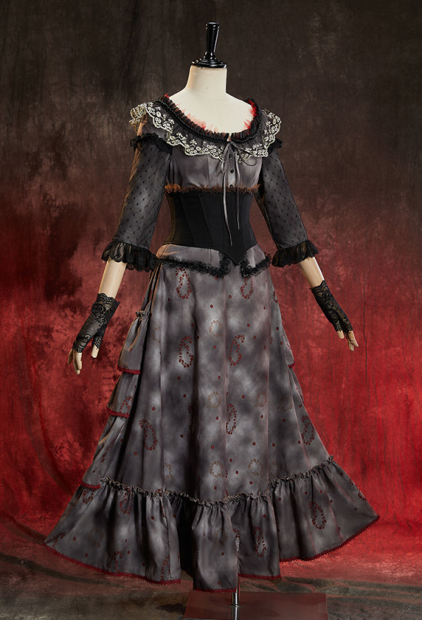 Faded Crimson Gothic Vintage Set U-Neck Top and Ruffled Skirt with Corset and Gloves Faded Crimson Gothic Vintage Set U-Neck Top and Ruffled Skirt with Corset and Gloves
