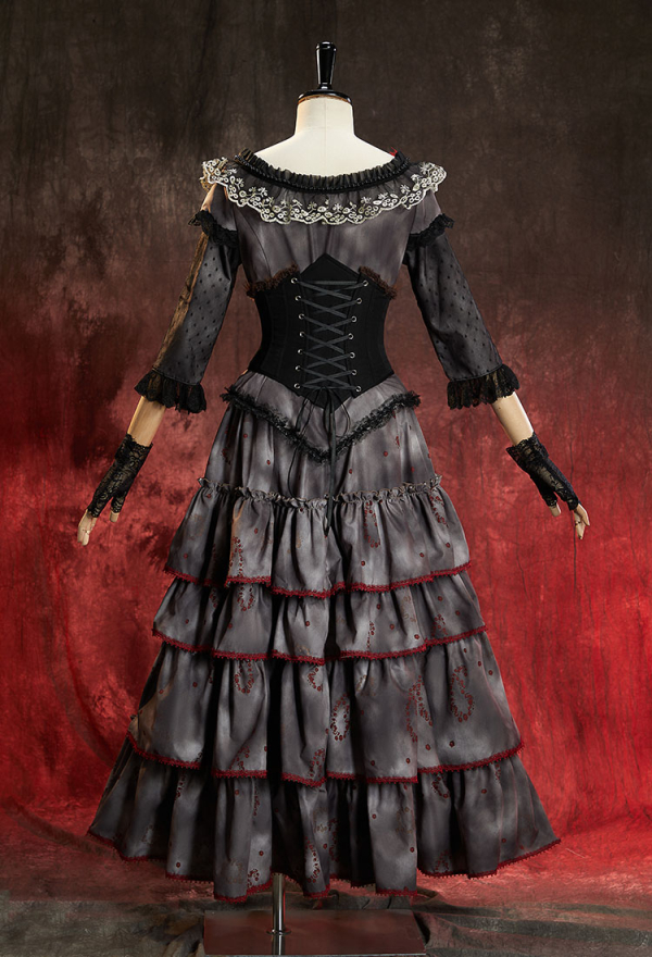 Faded Crimson Gothic Vintage Set U-Neck Top and Ruffled Skirt with Corset and Gloves Faded Crimson Gothic Vintage Set U-Neck Top and Ruffled Skirt with Corset and Gloves