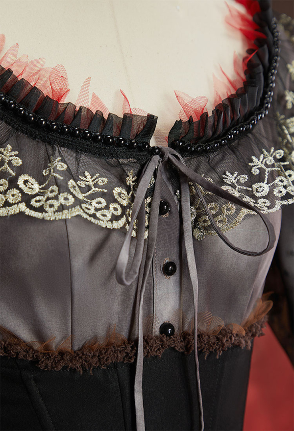 Faded Crimson Gothic Vintage Set U-Neck Top and Ruffled Skirt with Corset and Gloves Faded Crimson Gothic Vintage Set U-Neck Top and Ruffled Skirt with Corset and Gloves
