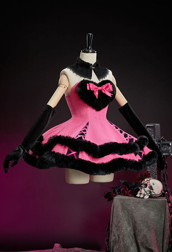 Haunted Night Pink Winter Dress Set Double Layared Gown with Collar and Sleeves