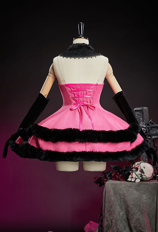Haunted Night Pink Winter Dress Set Double Layared Gown with Collar and Sleeves