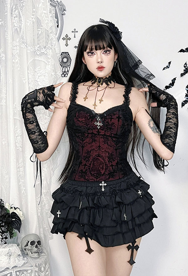 Gothic Black Red Lace Tank Top Dark Style Floral Slim Camisole Gothic Black Red Lace Tank Top Dark Style Floral Slim Camisole