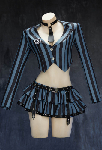 Gloom Thread Gothic Halloween Academia Set Striped Jacket and Layered Skirt with Tie and Stockings