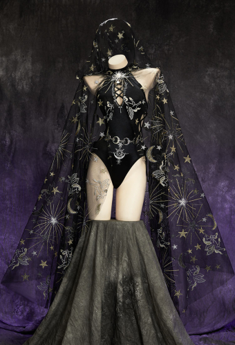 Mystery Cove Gothic Black Astrologer Set Star Moon Print Cutout Bodysuit and Hooded Cape with Brooch and Waist Chain