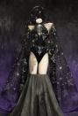 Mystery Cove Gothic Black Astrologer Set Star Moon Print Cutout Bodysuit and Hooded Cape with Brooch and Waist Chain