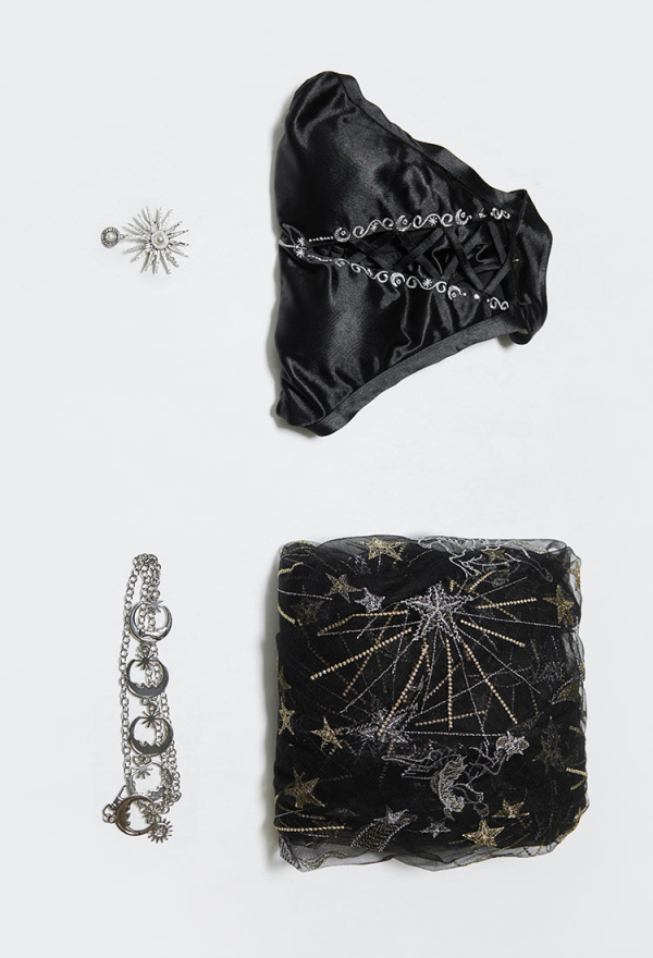 Mystery Cove Gothic Black Astrologer Set Star Moon Print Cutout Bodysuit and Hooded Cape with Brooch and Waist Chain