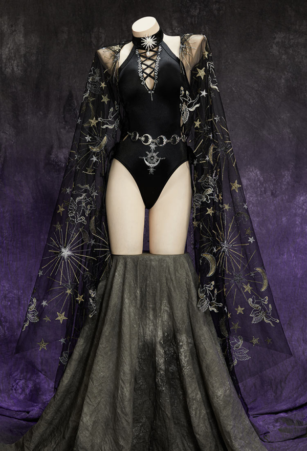 Mystery Cove Gothic Black Astrologer Set Star Moon Print Cutout Bodysuit and Hooded Cape with Brooch and Waist Chain