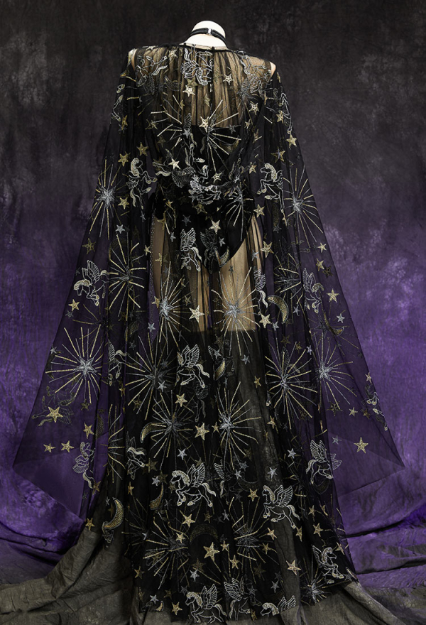 Mystery Cove Gothic Black Astrologer Set Star Moon Print Cutout Bodysuit and Hooded Cape with Brooch and Waist Chain