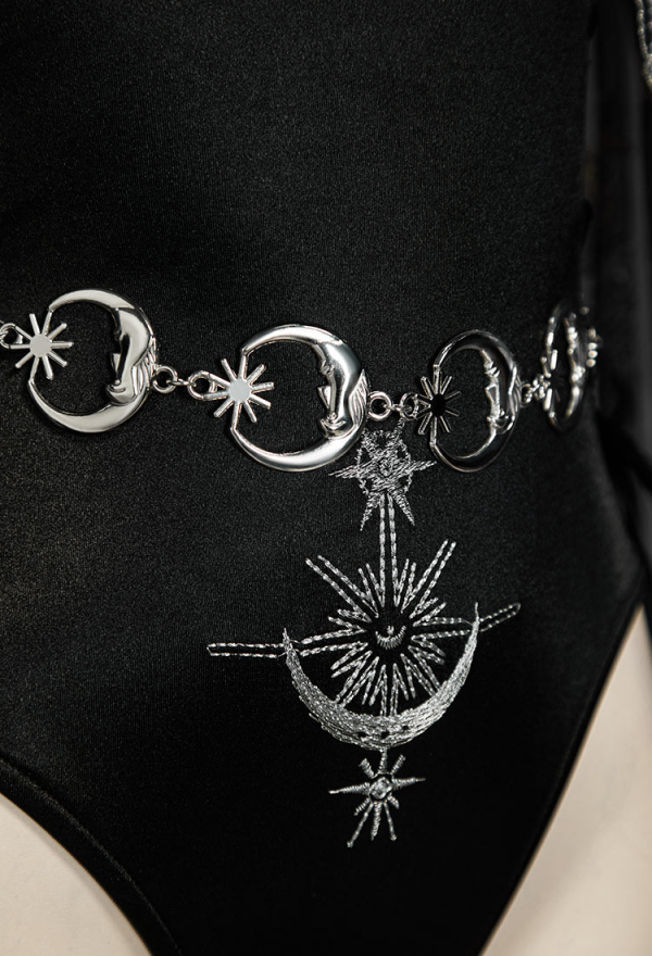 Mystery Cove Gothic Black Astrologer Set Star Moon Print Cutout Bodysuit and Hooded Cape with Brooch and Waist Chain