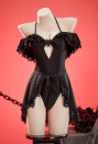 Dark Bat Gothic Black Bat Styled One Piece Swimsuit Ruffle Halter Bathing Suit with Wrap Skirt