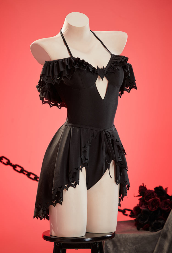 Dark Bat Gothic Black Bat Styled One Piece Swimsuit Ruffle Halter Bathing Suit with Wrap Skirt Dark Bat Gothic Black Bat Styled One Piece Swimsuit Ruffle Halter Bathing Suit with Wrap Skirt
