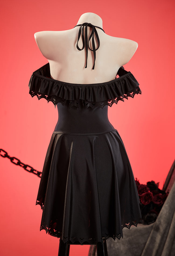 Dark Bat Gothic Black Bat Styled One Piece Swimsuit Ruffle Halter Bathing Suit with Wrap Skirt Dark Bat Gothic Black Bat Styled One Piece Swimsuit Ruffle Halter Bathing Suit with Wrap Skirt
