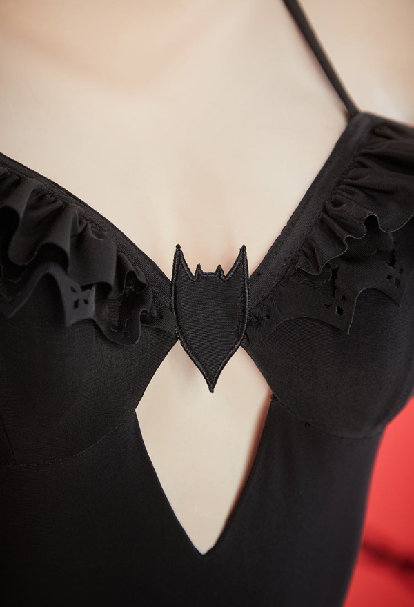 Dark Bat Gothic Black Bat Styled One Piece Swimsuit Ruffle Halter Bathing Suit with Wrap Skirt Dark Bat Gothic Black Bat Styled One Piece Swimsuit Ruffle Halter Bathing Suit with Wrap Skirt