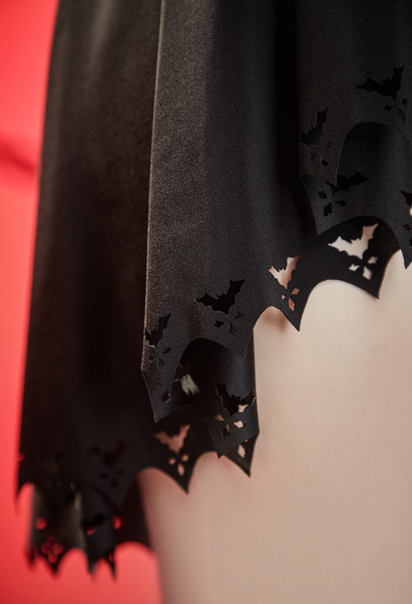 Dark Bat Gothic Black Bat Styled One Piece Swimsuit Ruffle Halter Bathing Suit with Wrap Skirt Dark Bat Gothic Black Bat Styled One Piece Swimsuit Ruffle Halter Bathing Suit with Wrap Skirt