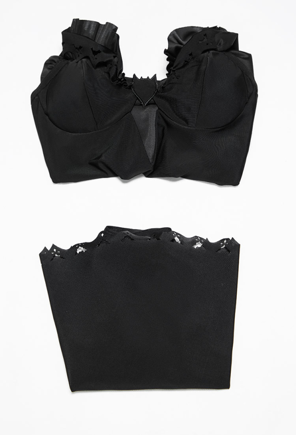Dark Bat Gothic Black Bat Styled One Piece Swimsuit Ruffle Halter Bathing Suit with Wrap Skirt Dark Bat Gothic Black Bat Styled One Piece Swimsuit Ruffle Halter Bathing Suit with Wrap Skirt