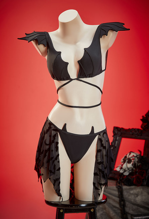 Nocturnal Waves Black Bat Pattern Swimsuit Two-Piece Bikini Bat Wing Top and Bottom with Back Skirt