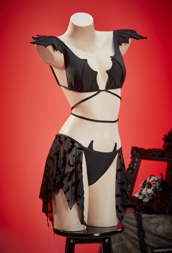Nocturnal Waves Black Bat Pattern Swimsuit Two-Piece Bikini Bat Wing Top and Bottom with Back Skirt
