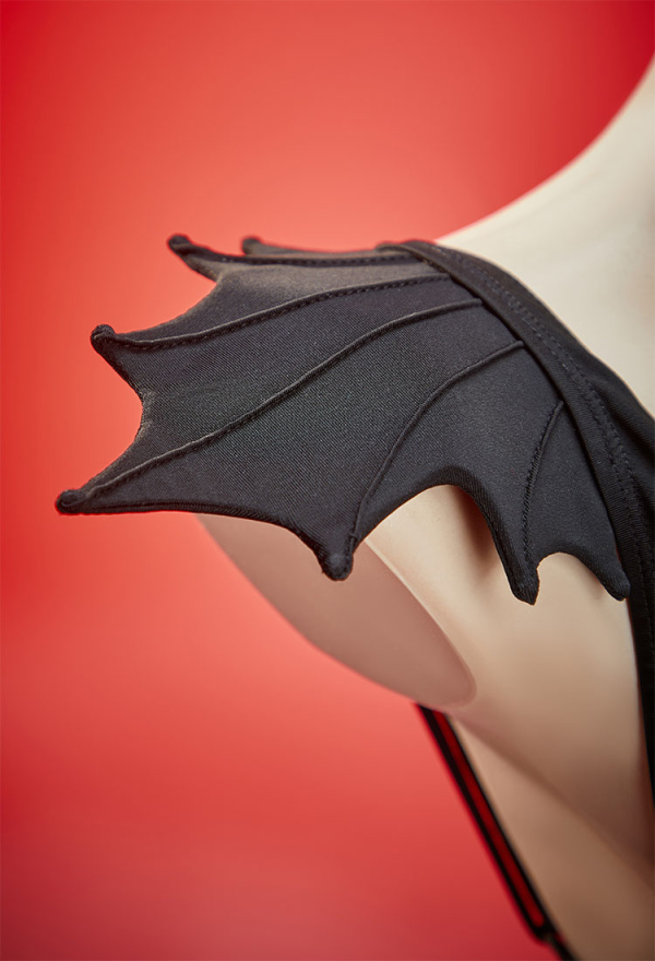Nocturnal Waves Black Bat Pattern Swimsuit Two-Piece Bikini Bat Wing Top and Bottom with Back Skirt