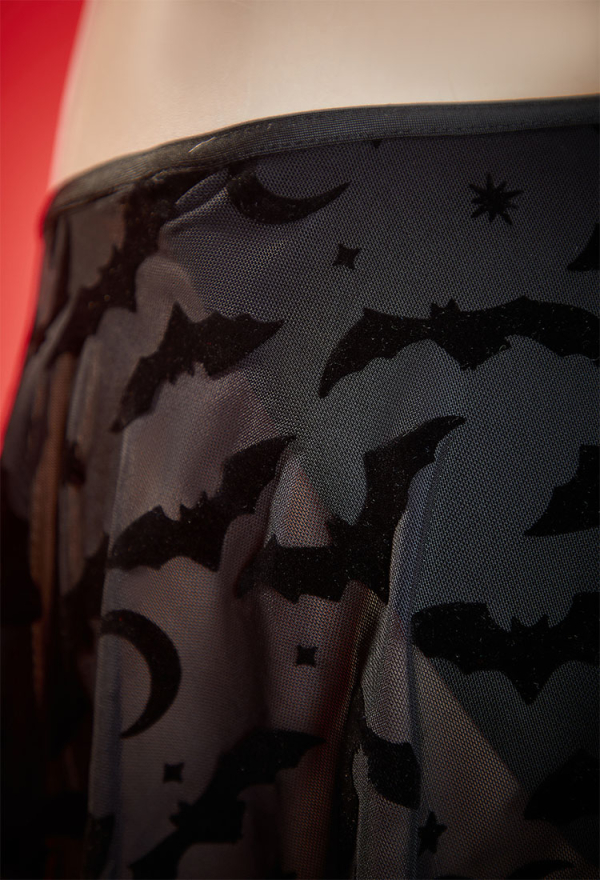 Nocturnal Waves Black Bat Pattern Swimsuit Two-Piece Bikini Bat Wing Top and Bottom with Back Skirt