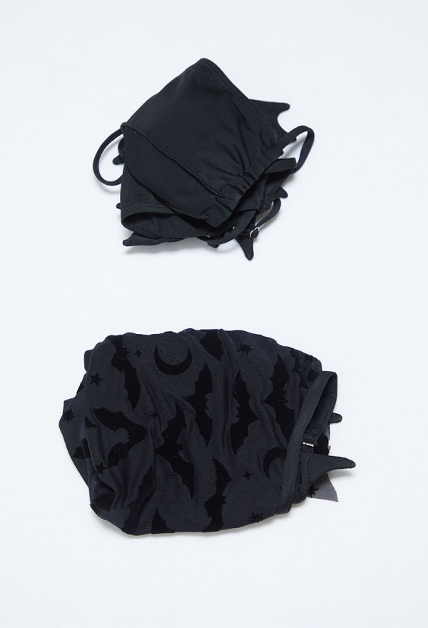 Nocturnal Waves Black Bat Pattern Swimsuit Two-Piece Bikini Bat Wing Top and Bottom with Back Skirt