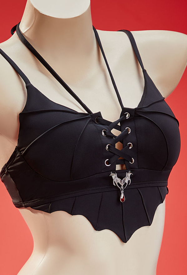 Dark Bat Gothic Black Two Piece Swimsuit Bat Shaped Top and Culottes Bathing Suit Dark Bat Gothic Black Two Piece Swimsuit Bat Shaped Top and Culottes Bathing Suit