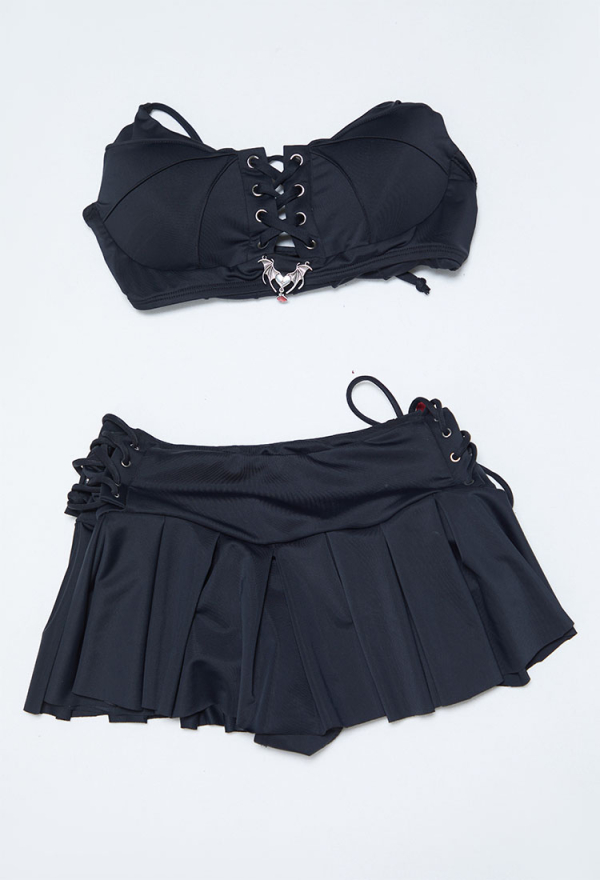 Dark Bat Gothic Black Two Piece Swimsuit Bat Shaped Top and Culottes Bathing Suit Dark Bat Gothic Black Two Piece Swimsuit Bat Shaped Top and Culottes Bathing Suit