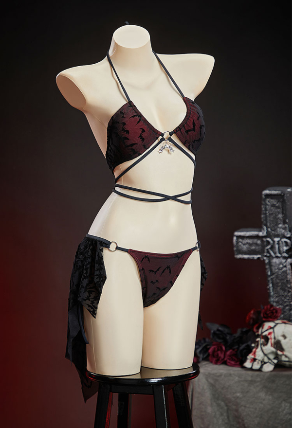 Nocturnal Waves Gothic Black Red Bat Pattern Two-piece Swimsuit Dark Style Lace Up Swimwear with Wrap Skirt Nocturnal Waves Gothic Black Red Bat Pattern Two-piece Swimsuit Dark Style Lace Up Swimwear with Wrap Skirt
