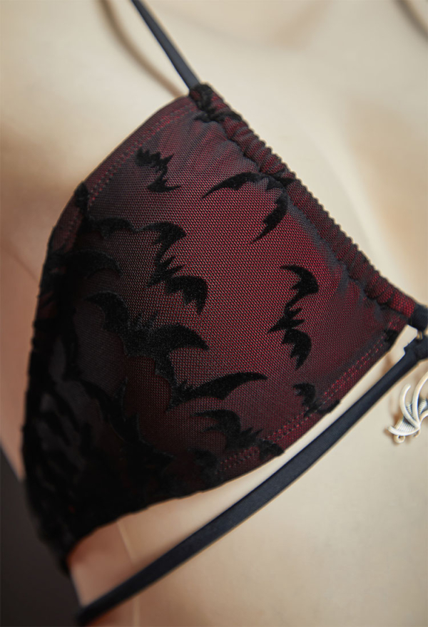 Nocturnal Waves Gothic Black Red Bat Pattern Two-piece Swimsuit Dark Style Lace Up Swimwear with Wrap Skirt Nocturnal Waves Gothic Black Red Bat Pattern Two-piece Swimsuit Dark Style Lace Up Swimwear with Wrap Skirt