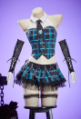 Haunted Night Gothic Blue Black Plaid Set Hanging Neck Top and Mini Skirt with Gloves and Tie